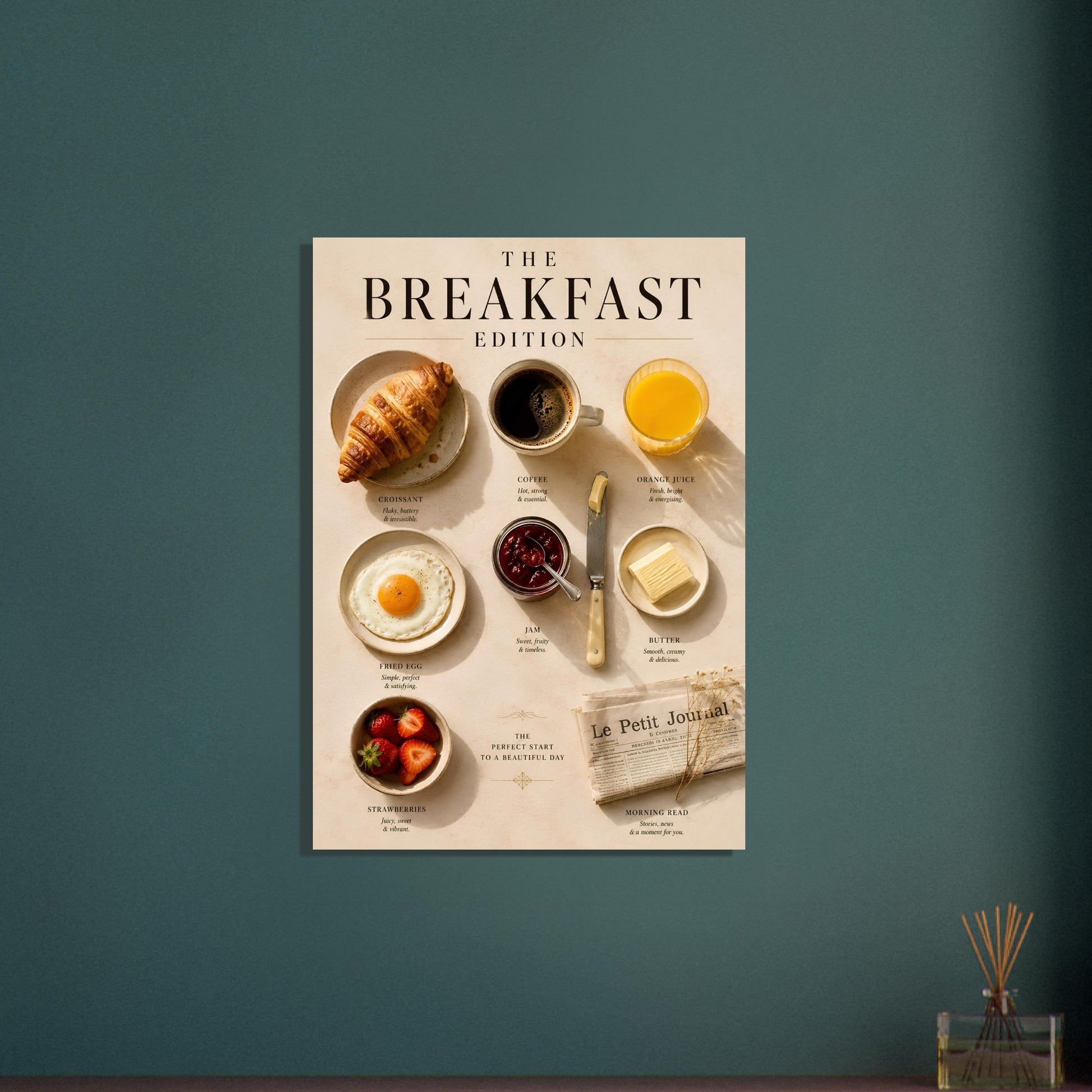 Breakfast Edition Poster displayed against a deep green accent wall creating a stylish breakfast nook focal point.