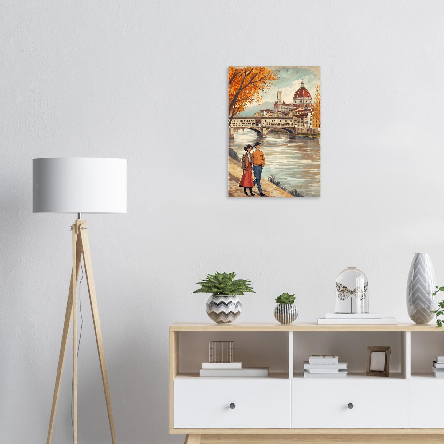 Florence folk art wall print featuring a couple walking beside the Arno River with the Duomo skyline in warm autumn tones