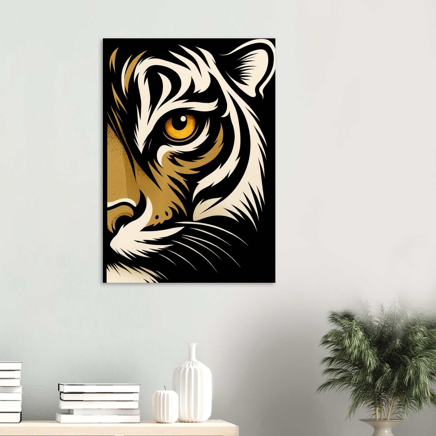 Tiger art print on a wall with decorative items below