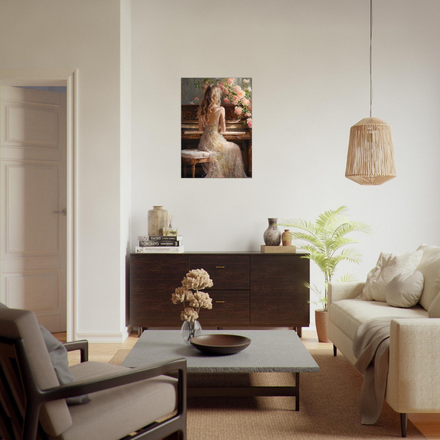 Romantic Piano Poster – Vintage Art Print of Woman with Flowers