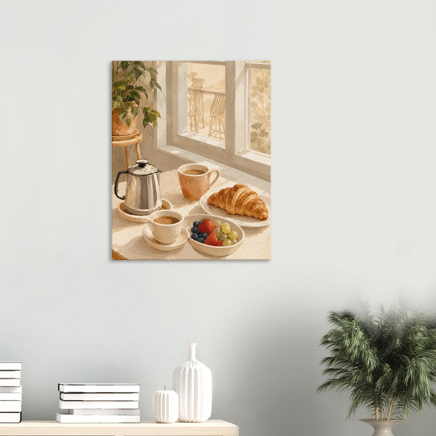 Canvas print of a breakfast scene with coffee, croissant, and fruit on a wall.