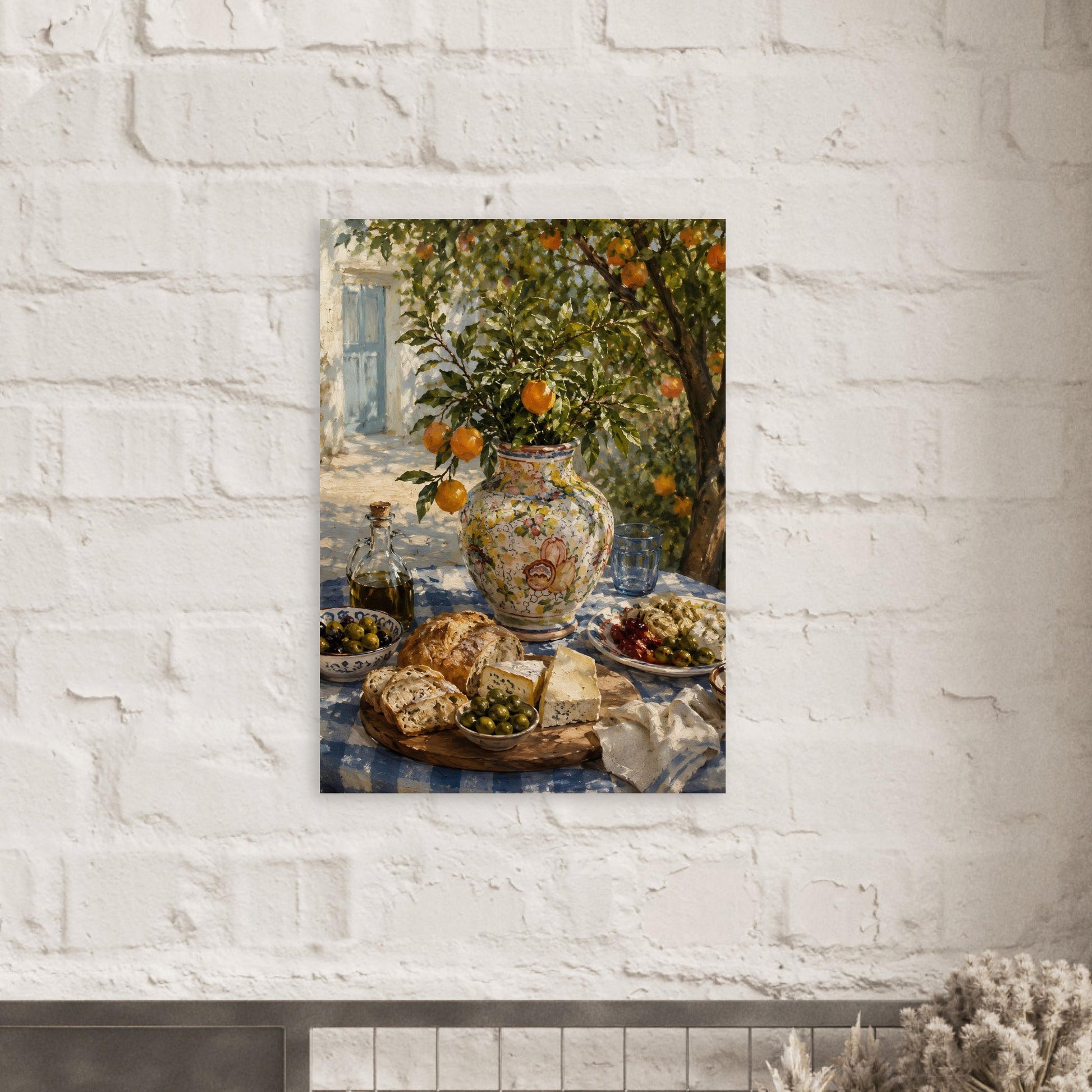 Mediterranean still life poster displayed on textured white brick wall in modern interior