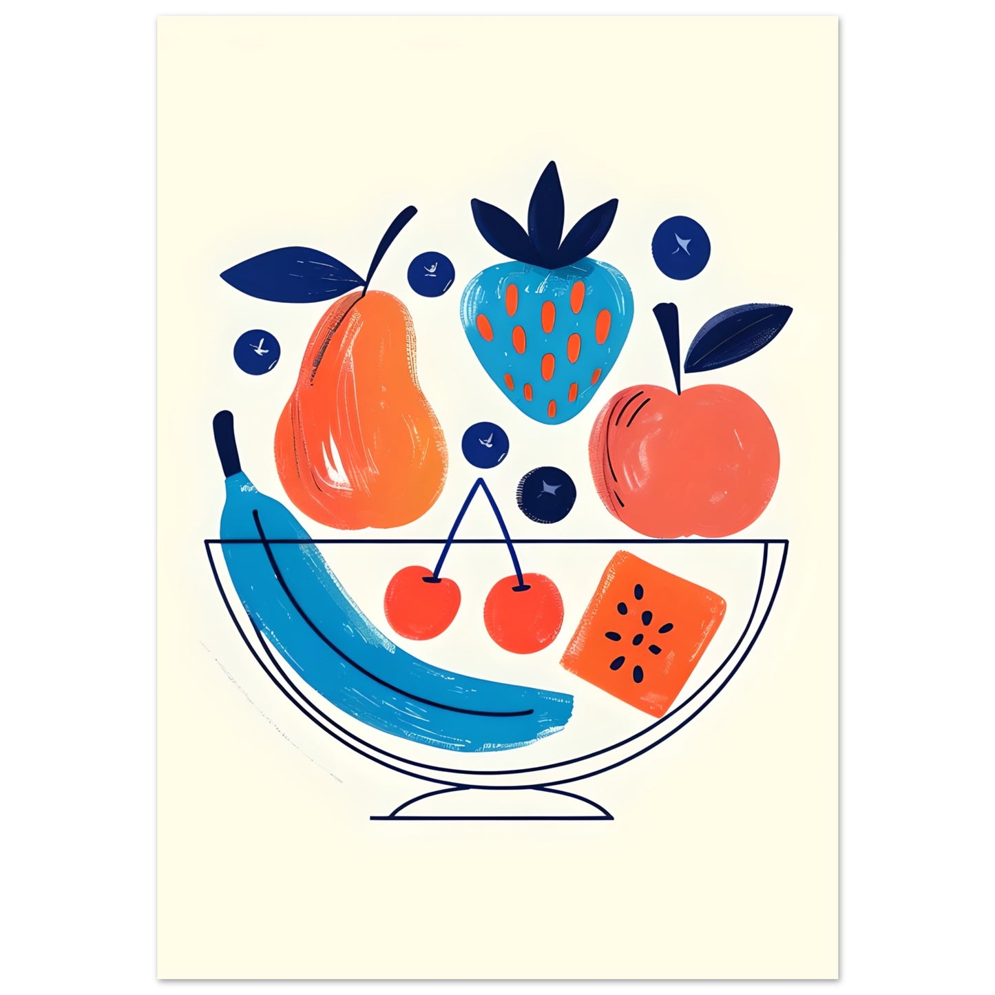 Illustration of fruits in a bowl on a beige background