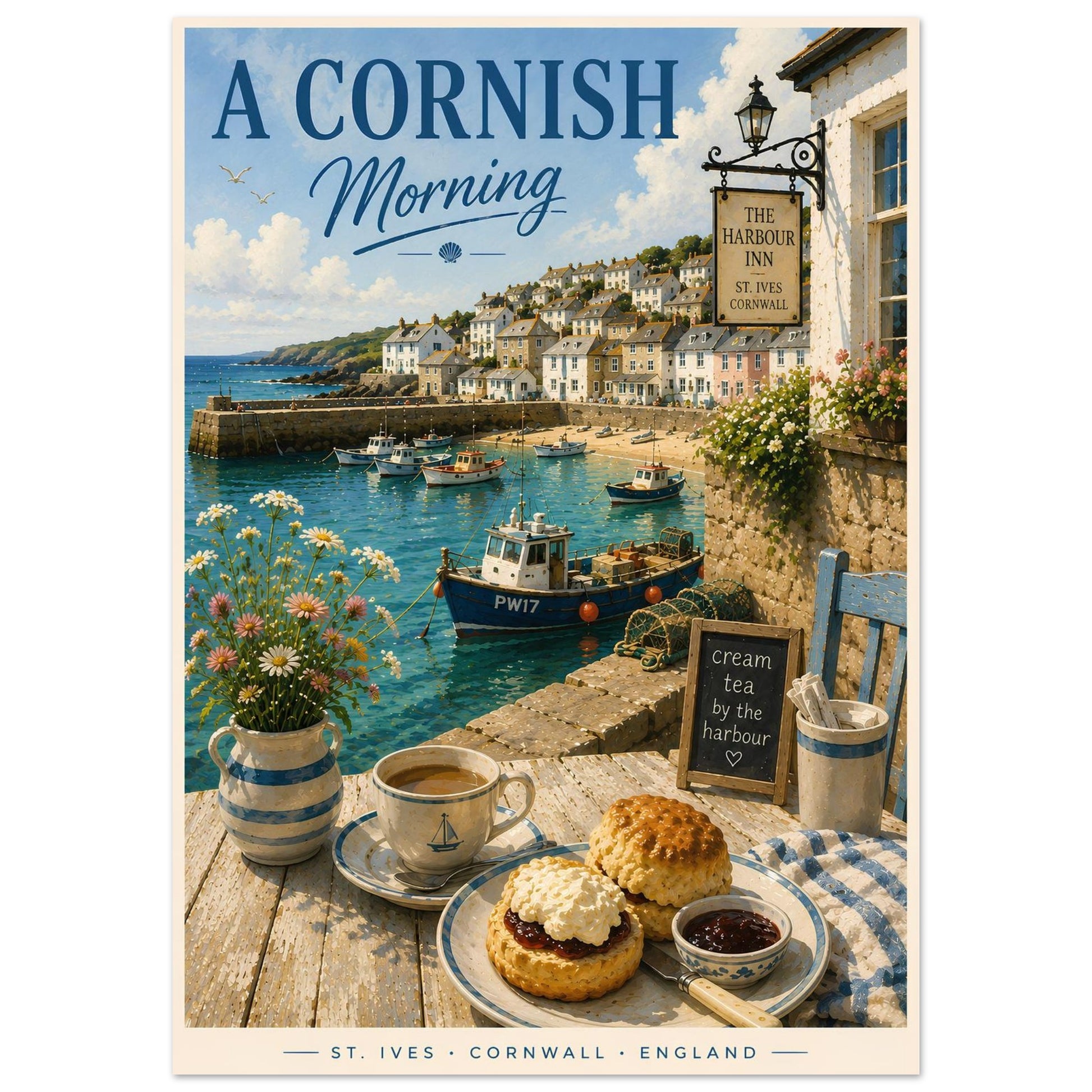 Vintage-style poster of a Cornish morning scene with a harbor, tea, and scones.