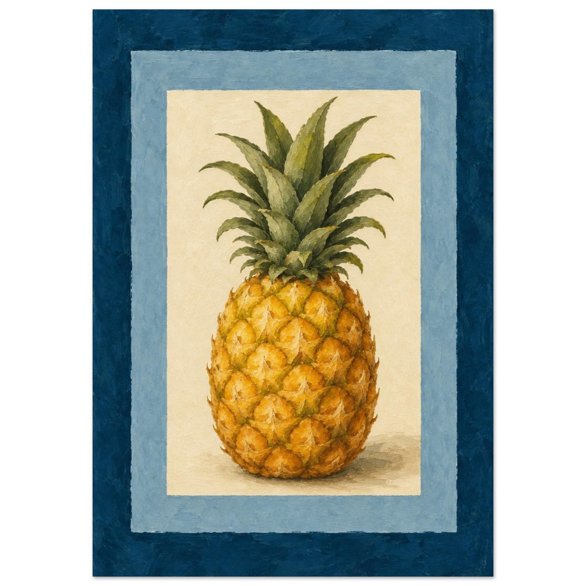 A framed-style art print featuring a painted pineapple centered on a cream background, surrounded by a light blue border and a dark navy outer border.