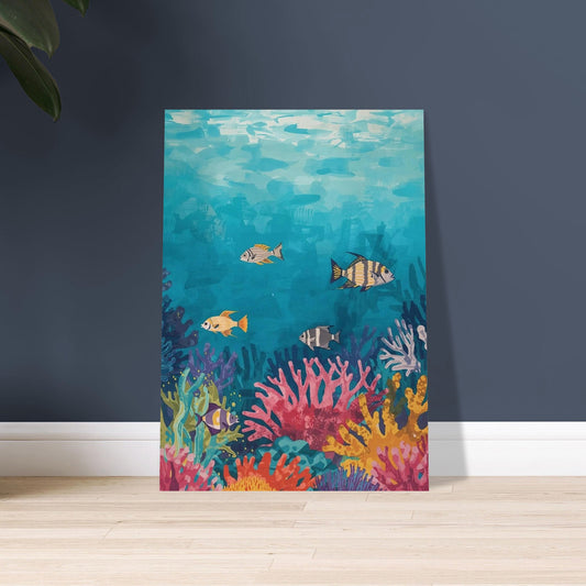 Colorful underwater scene painting with fish and coral on a dark blue wall.