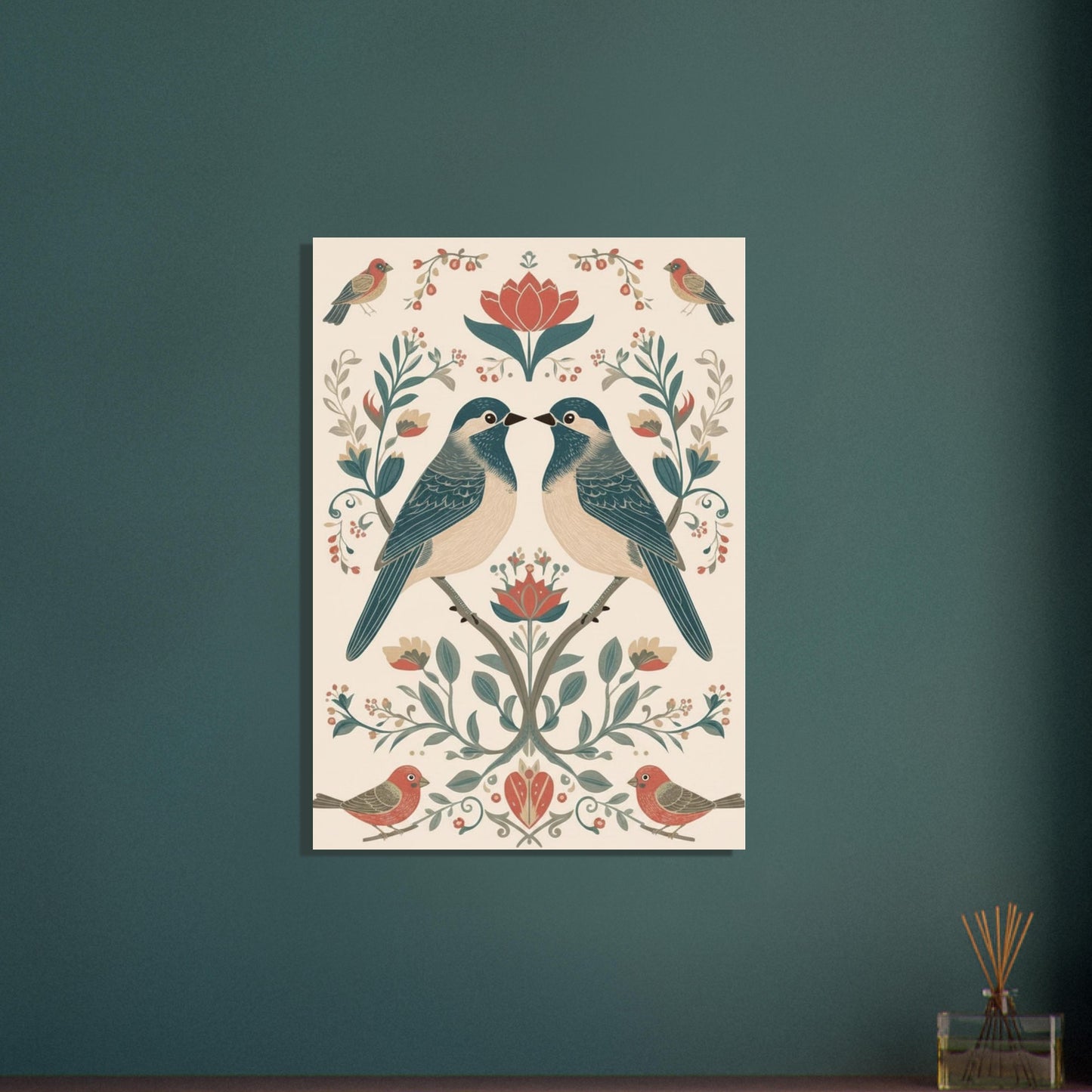 Minimalist bird wall art print on dark green wall featuring symmetrical Scandinavian floral design