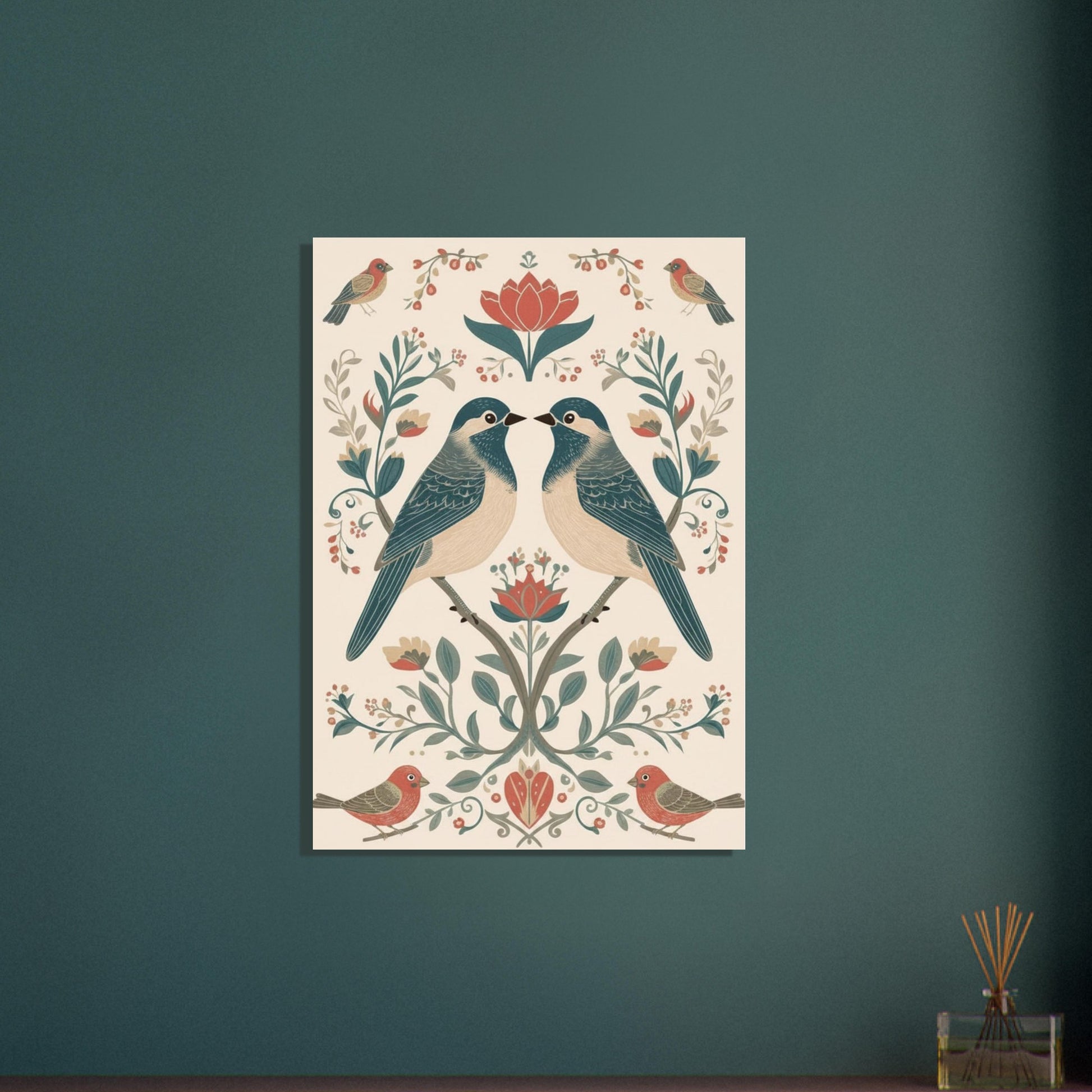 Minimalist bird wall art print on dark green wall featuring symmetrical Scandinavian floral design