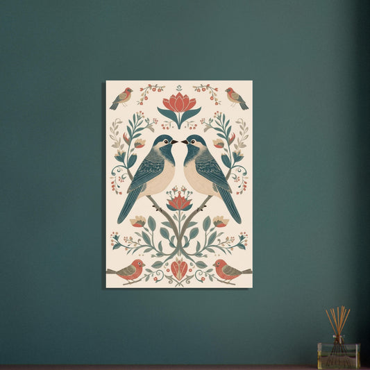 Minimalist bird wall art print on dark green wall featuring symmetrical Scandinavian floral design