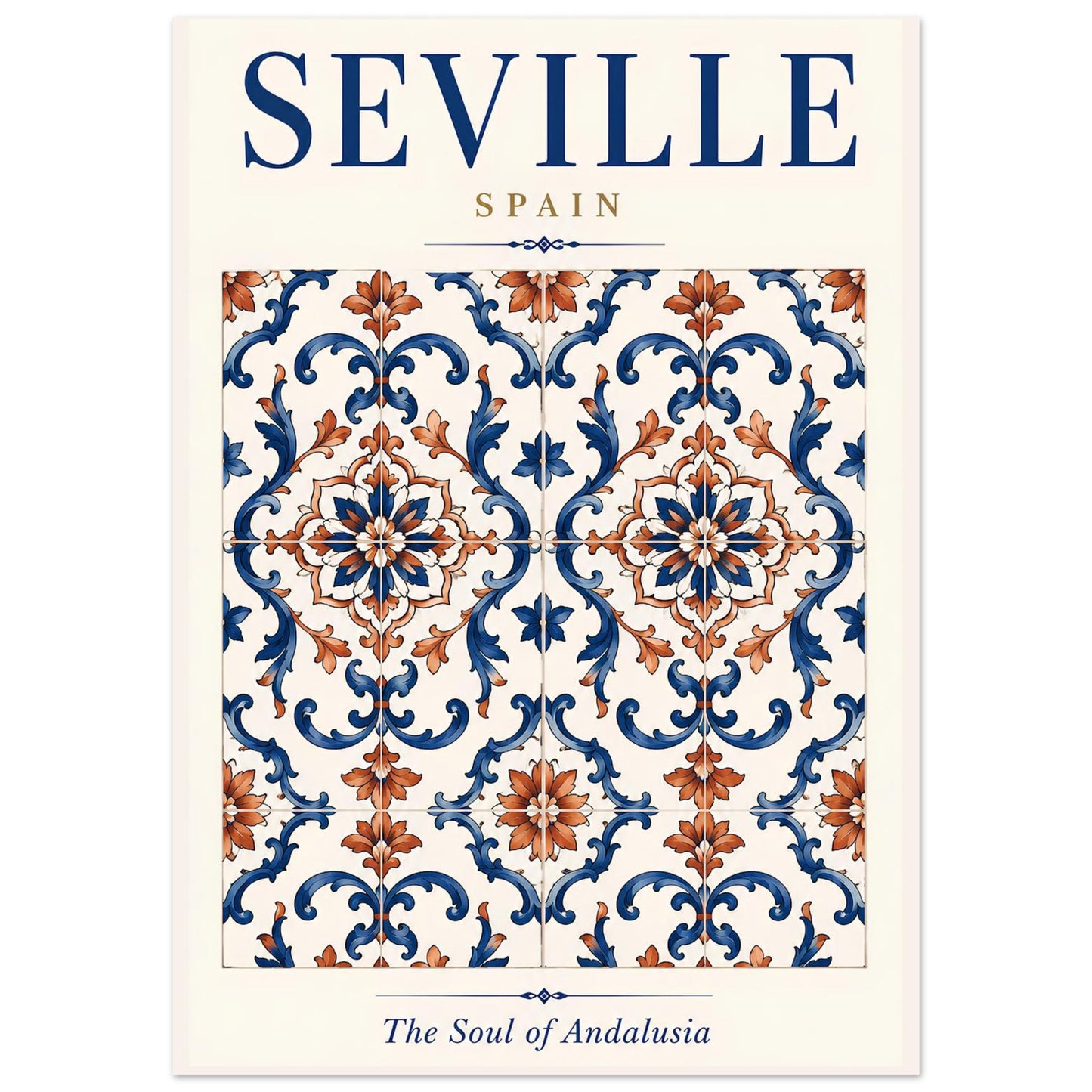 Seville Spain wall art featuring an intricate blue and terracotta Andalusian-inspired ceramic tile pattern.