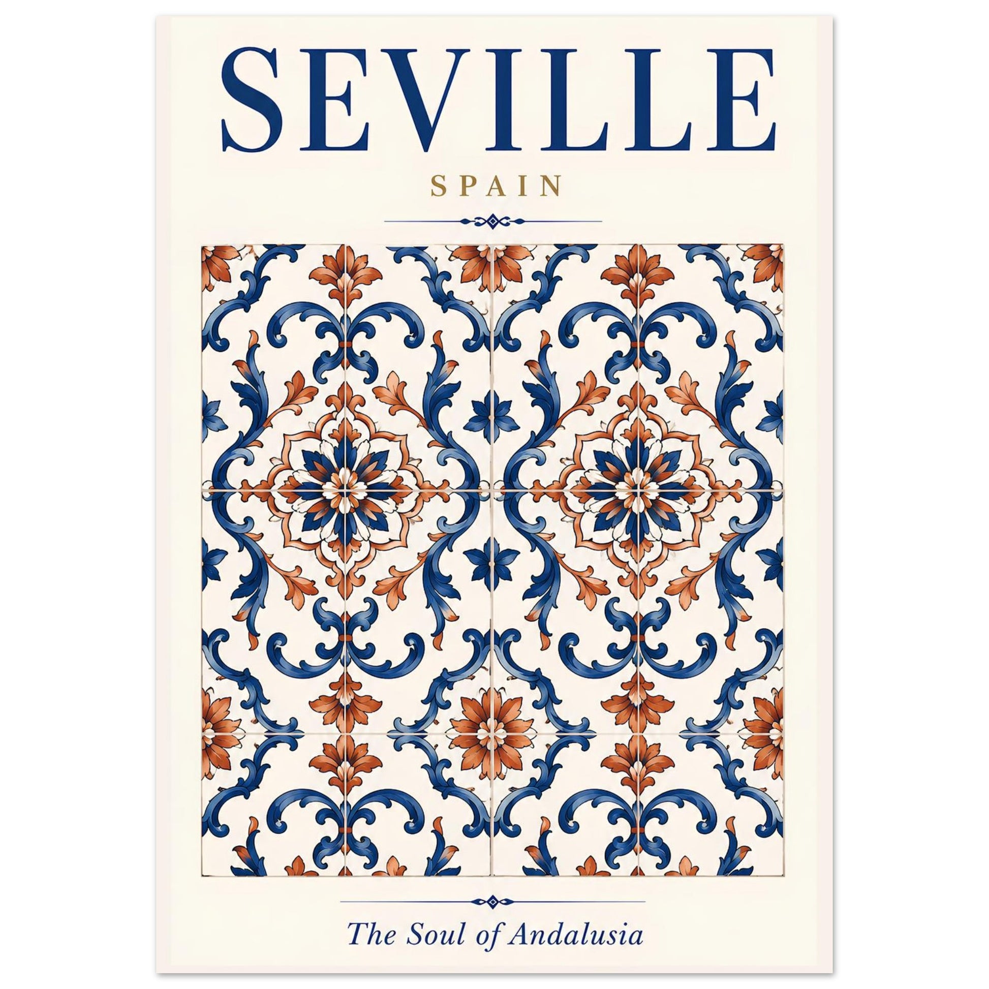Seville Spain wall art featuring an intricate blue and terracotta Andalusian-inspired ceramic tile pattern.