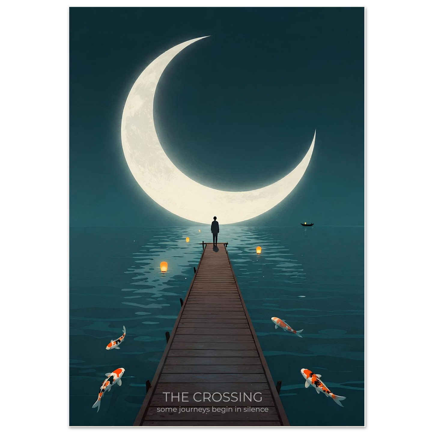 Close-up of The Crossing poster featuring a wooden pier leading toward a giant crescent moon over tranquil water with koi fish below.