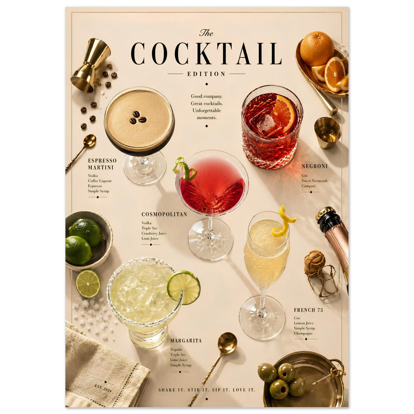 Cocktail Edition Poster close-up featuring Espresso Martini, Negroni, Cosmopolitan, Margarita and French 75 in an editorial-style layout.
