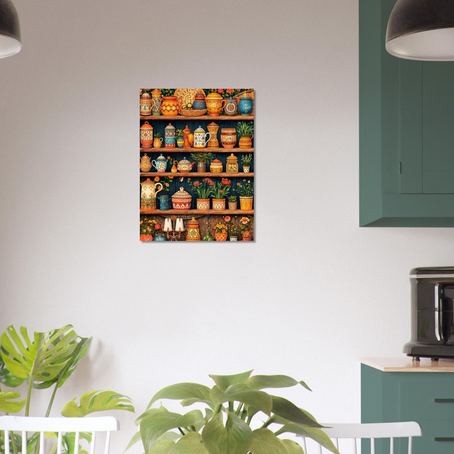 Colorful ceramic pots on a wall in a kitchen setting