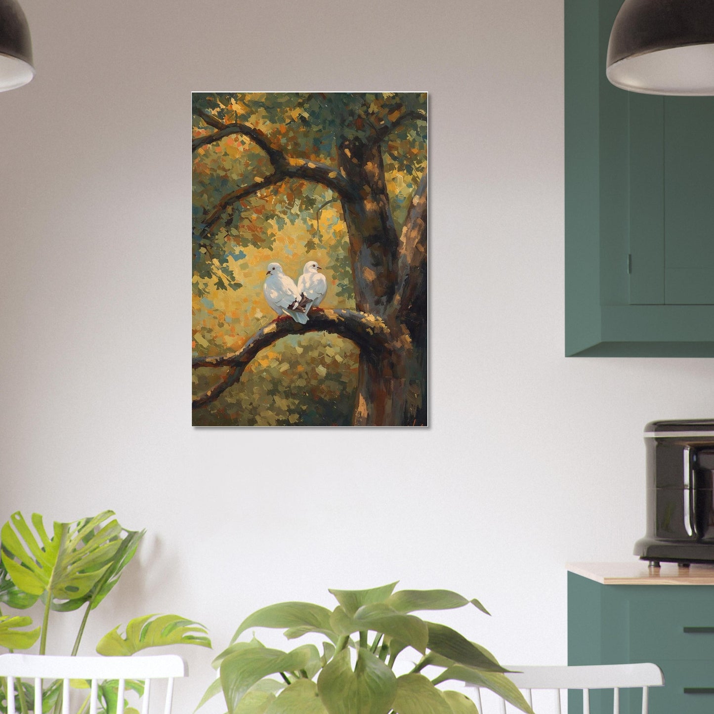 Painting of two birds on a branch in a tree, hanging on a wall above a kitchen.