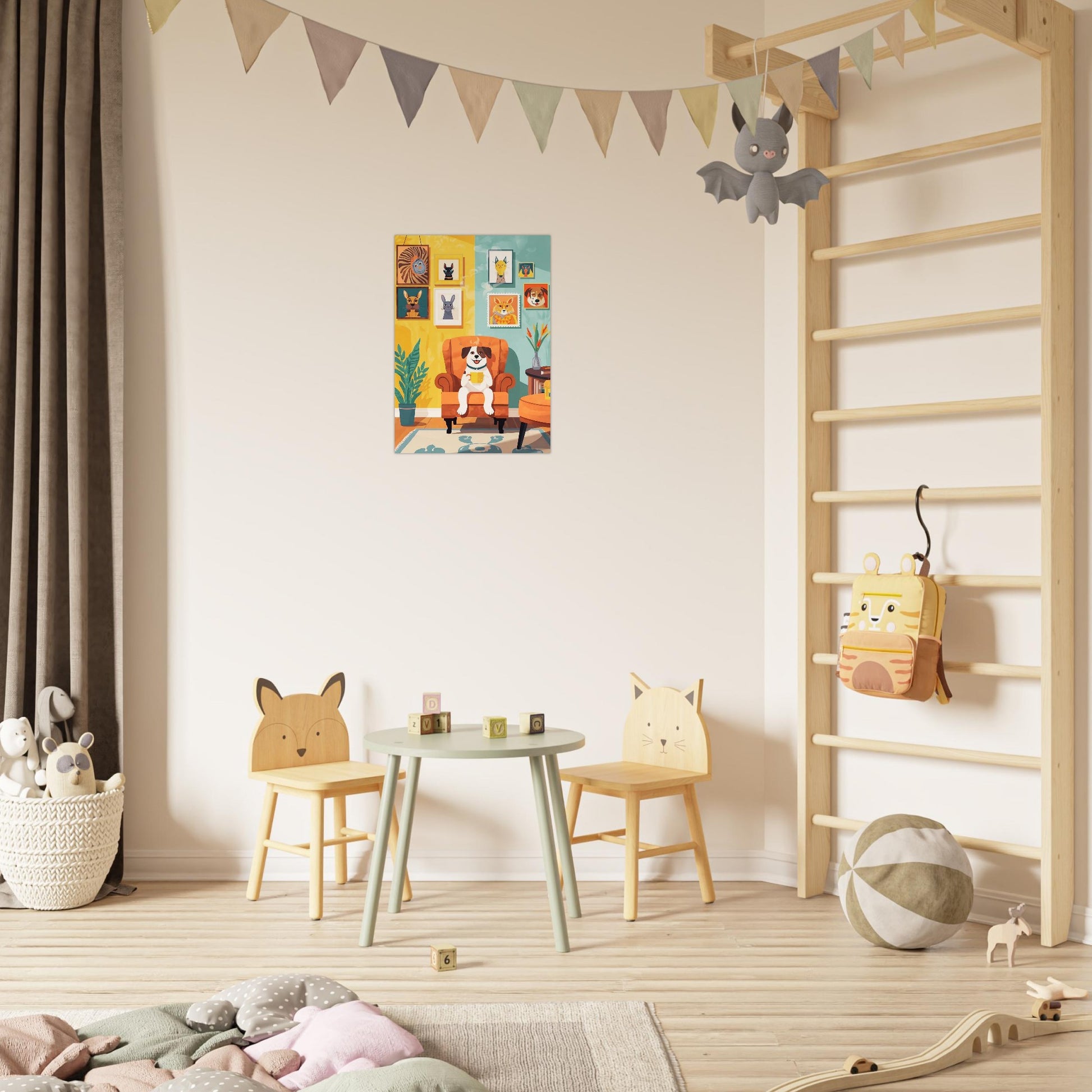 Children's room with wooden furniture, a ladder, and decorative items.