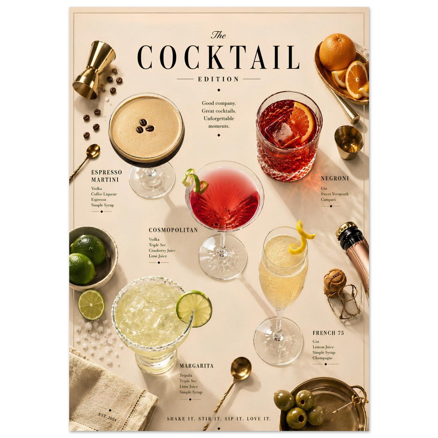 Cocktail Edition Poster close-up featuring Espresso Martini, Negroni, Cosmopolitan, Margarita and French 75 in an editorial-style layout.