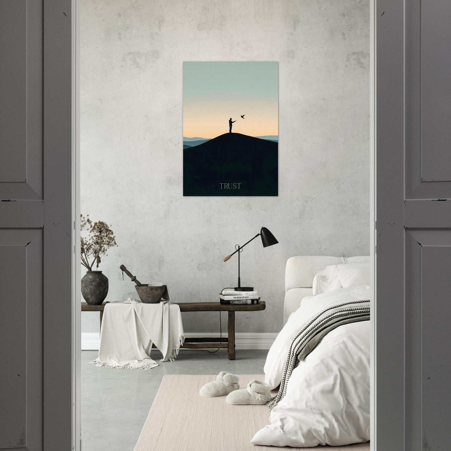 Trust inspirational poster with bird silhouette displayed in a calm modern bedroom