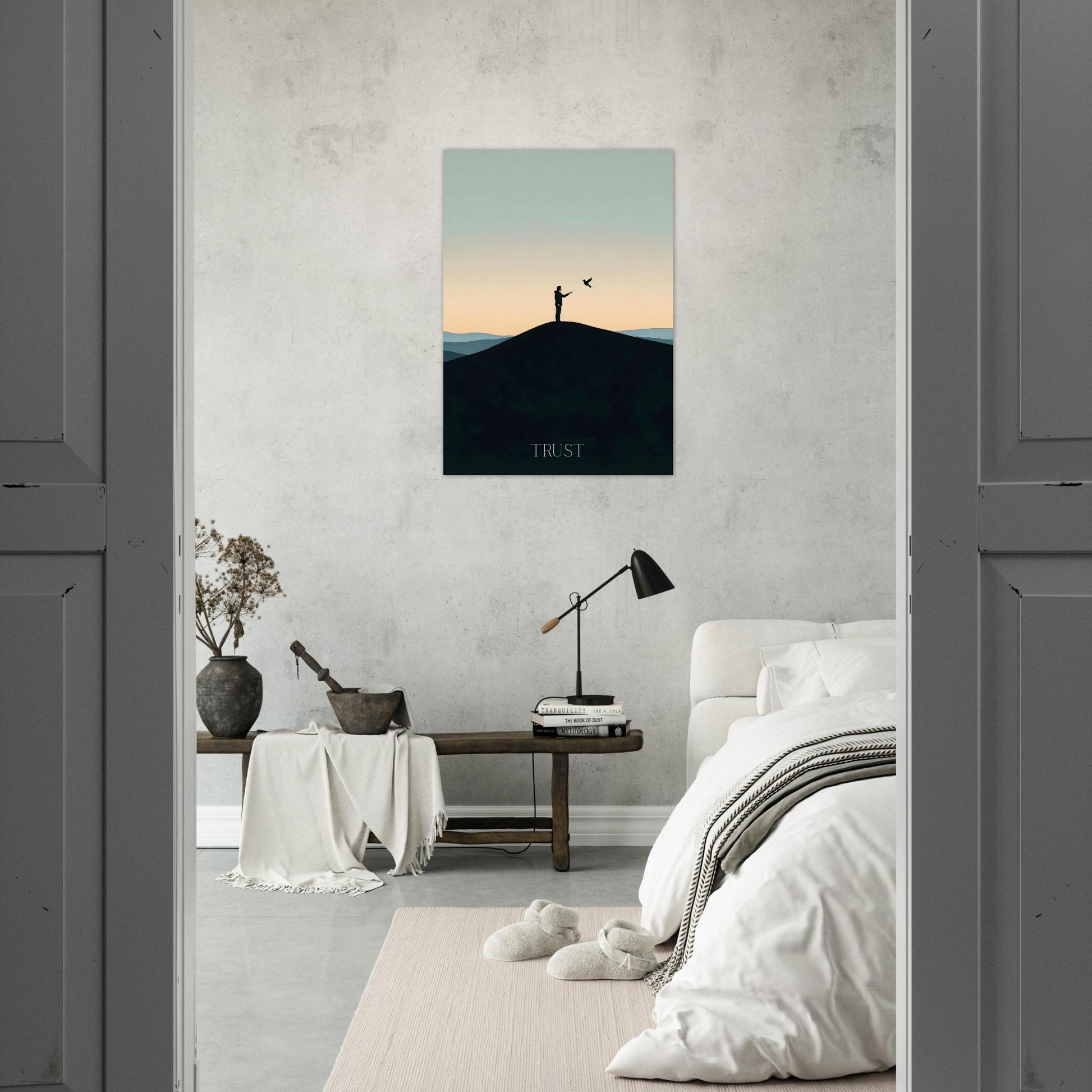Trust inspirational poster with bird silhouette displayed in a calm modern bedroom