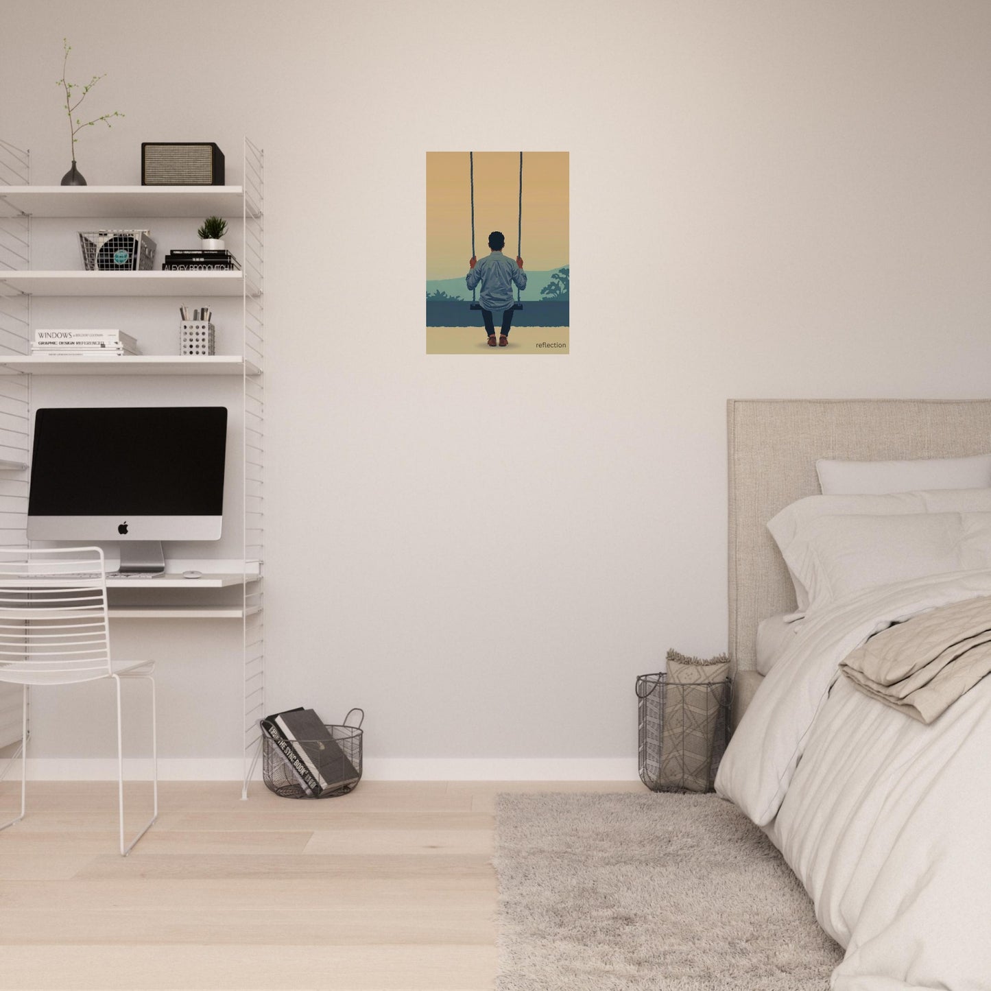 Reflection swing poster displayed in warm modern bedroom interior