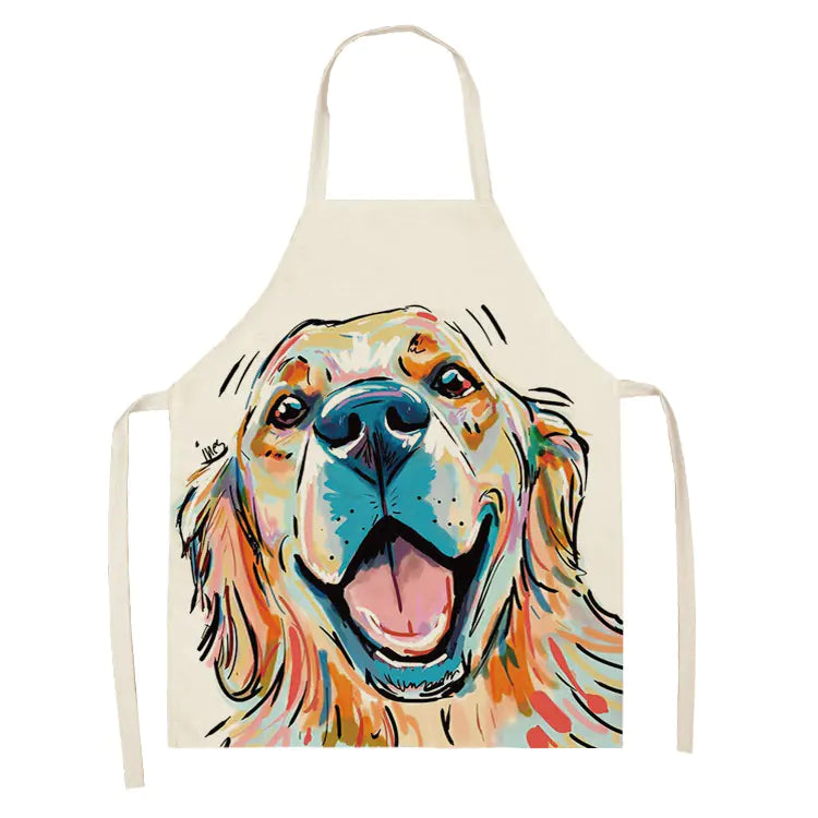 Apron with a colorful dog illustration on a white background