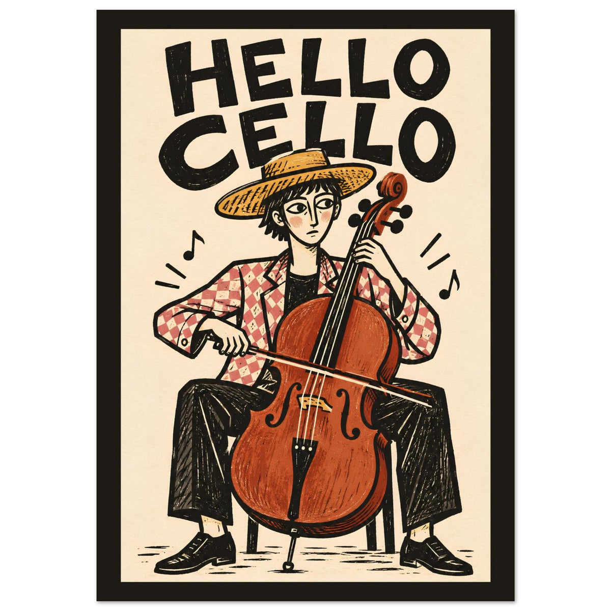 A framed art print featuring a stylized illustration of a person playing a cello, with the text 'HELLO CELLO' above. The print has a cream background, bold black lettering, and a black frame.