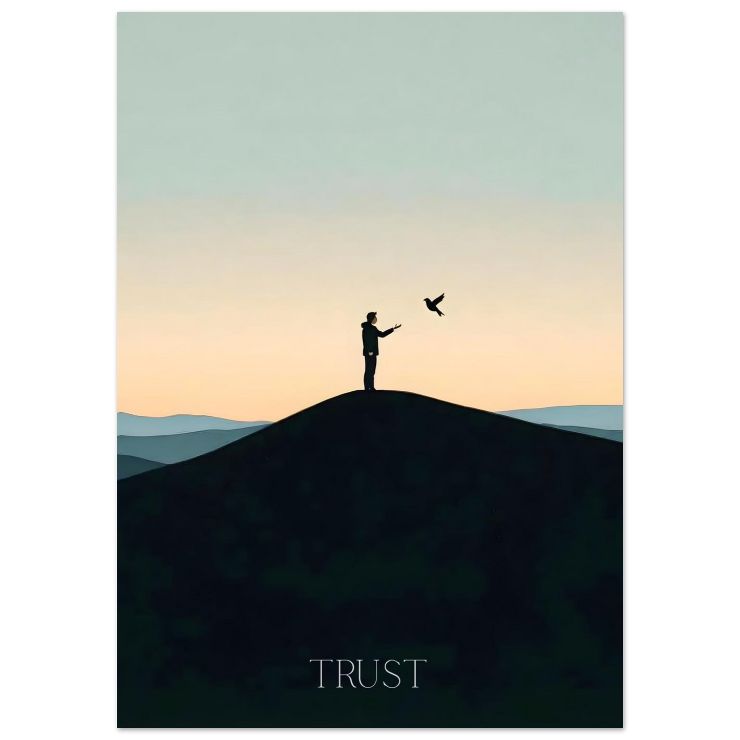 Silhouette of a person on a hill with a bird, set against a gradient sky with 'TRUST' at the bottom.