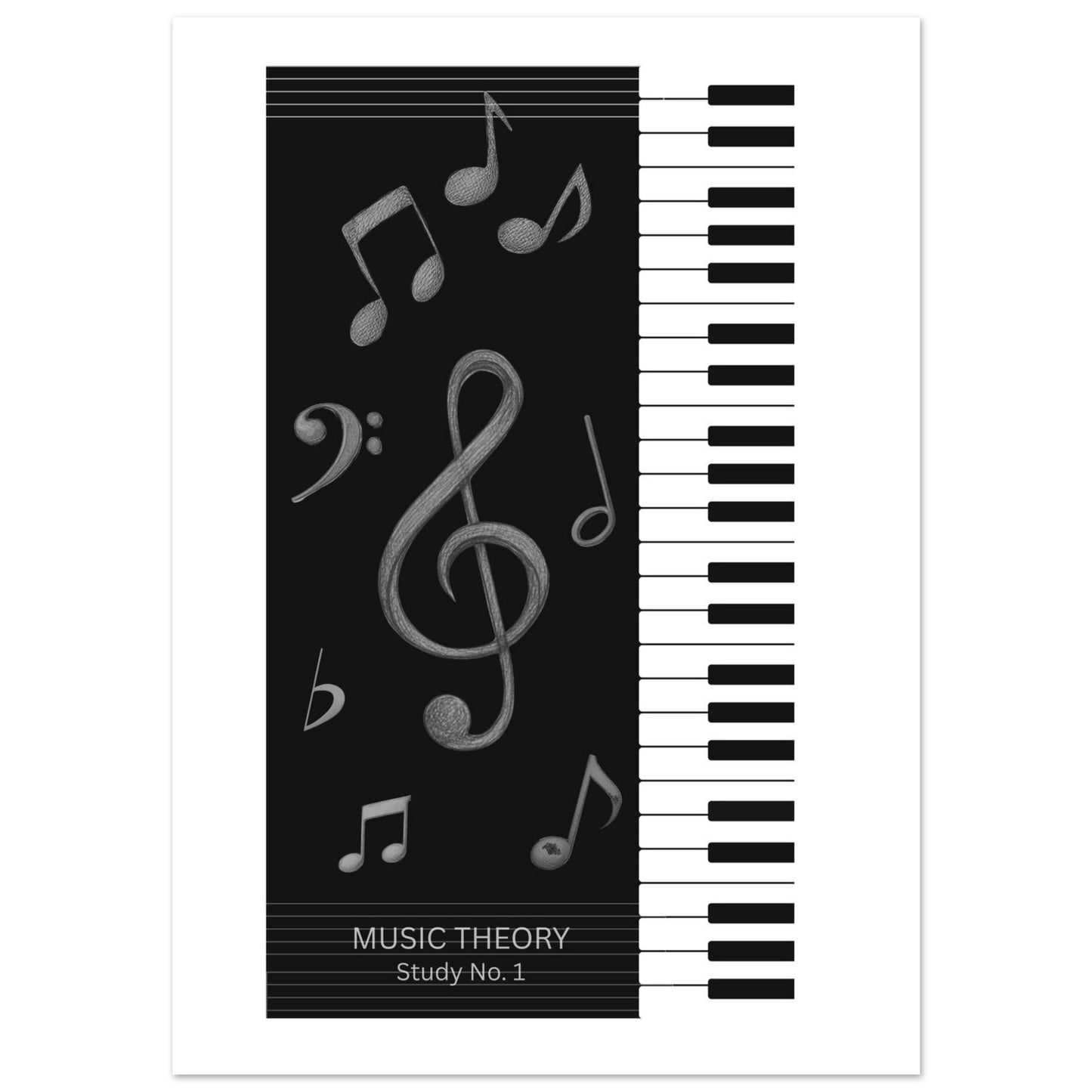Music theory book cover with musical notes and piano keys on a black background