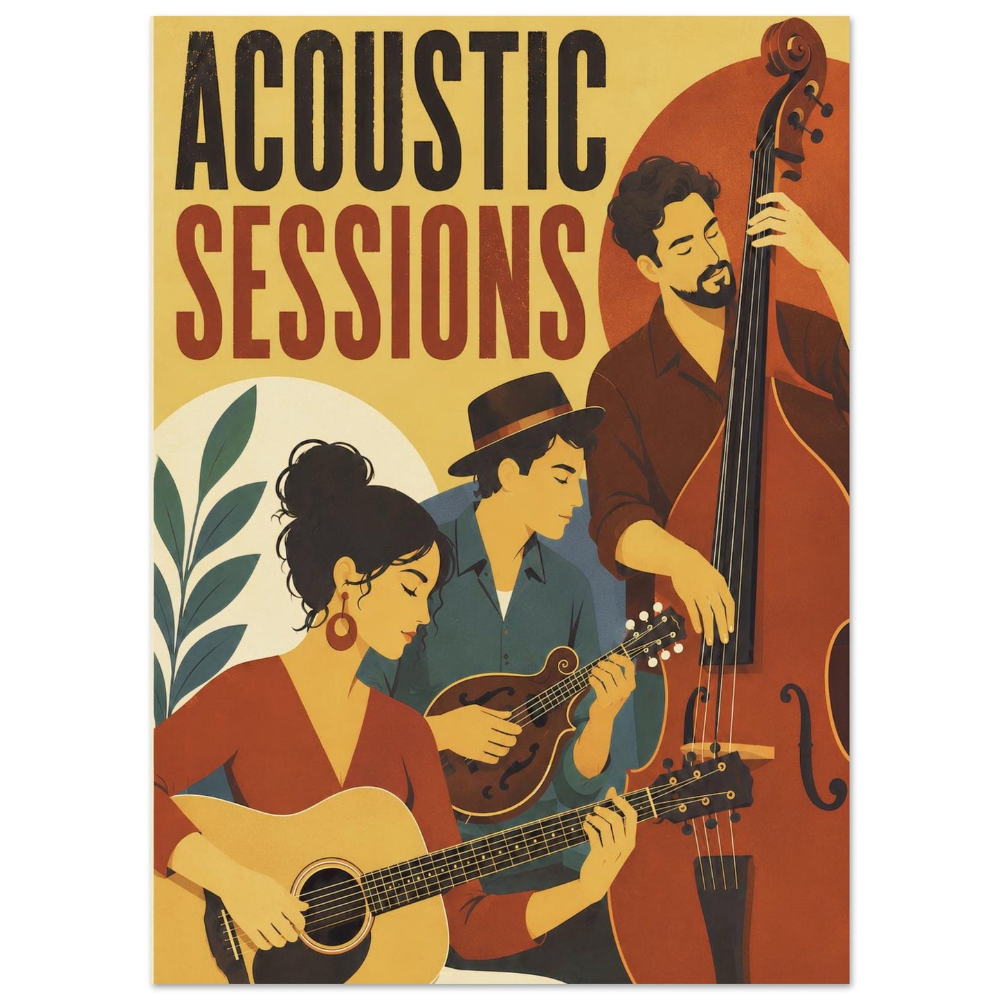 Close-up of the Acoustic Sessions wall art featuring three stylised musicians playing acoustic guitar, mandolin and upright double bass.