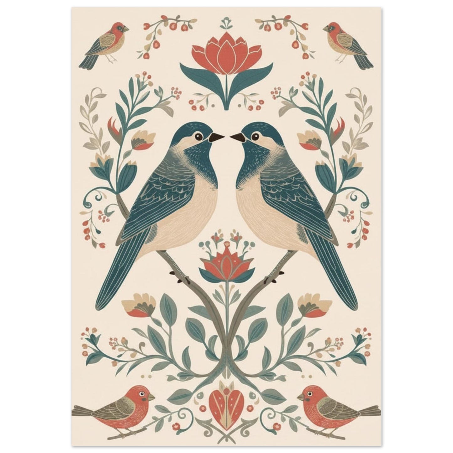 Close-up of Scandinavian folk art bird poster showing detailed floral and symmetrical design
