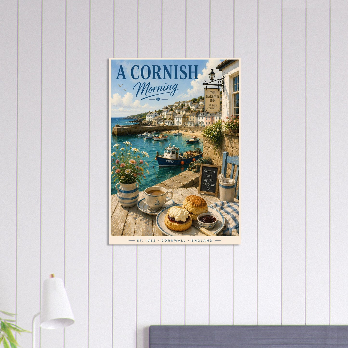 Poster of a Cornish morning scene with a coastal town, boats, and a table with tea and pastries.