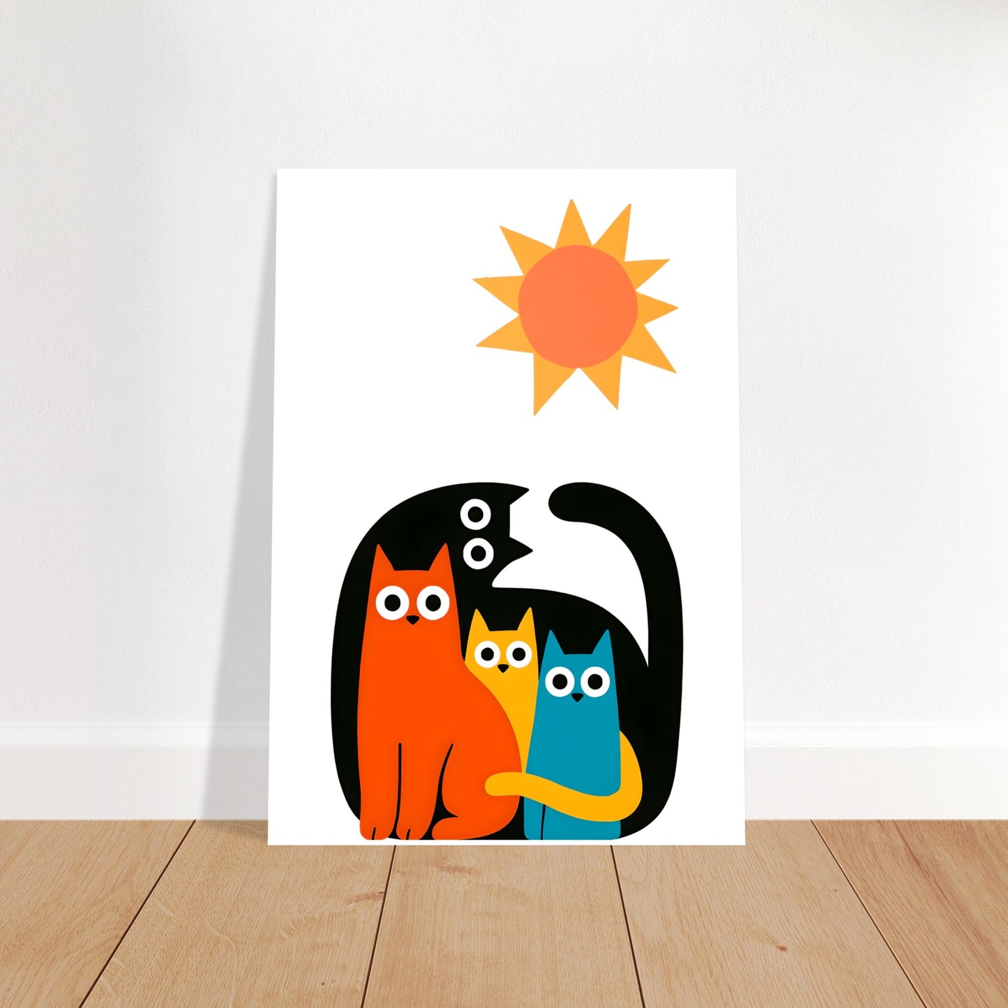 Poster with three cats and a sun on a white background