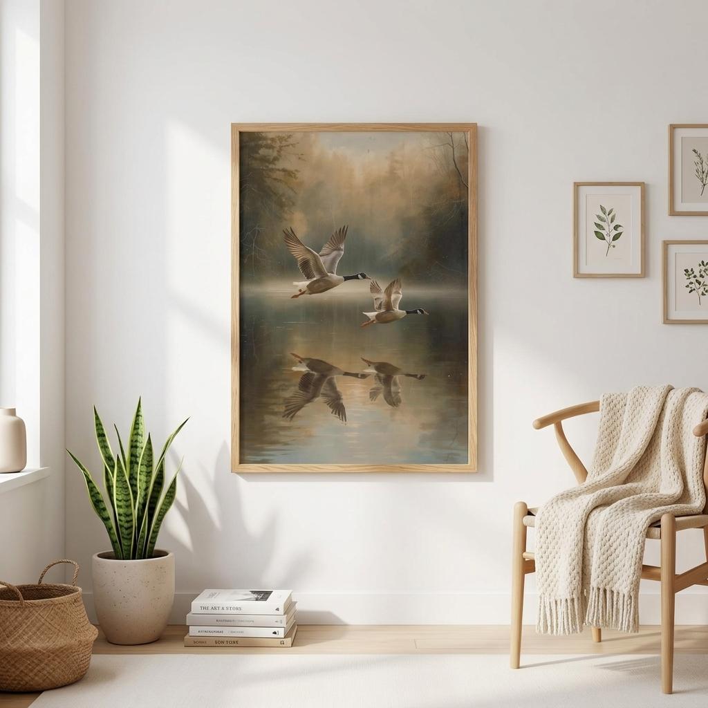 minimalist home decor with geese nature wall art and plant styling