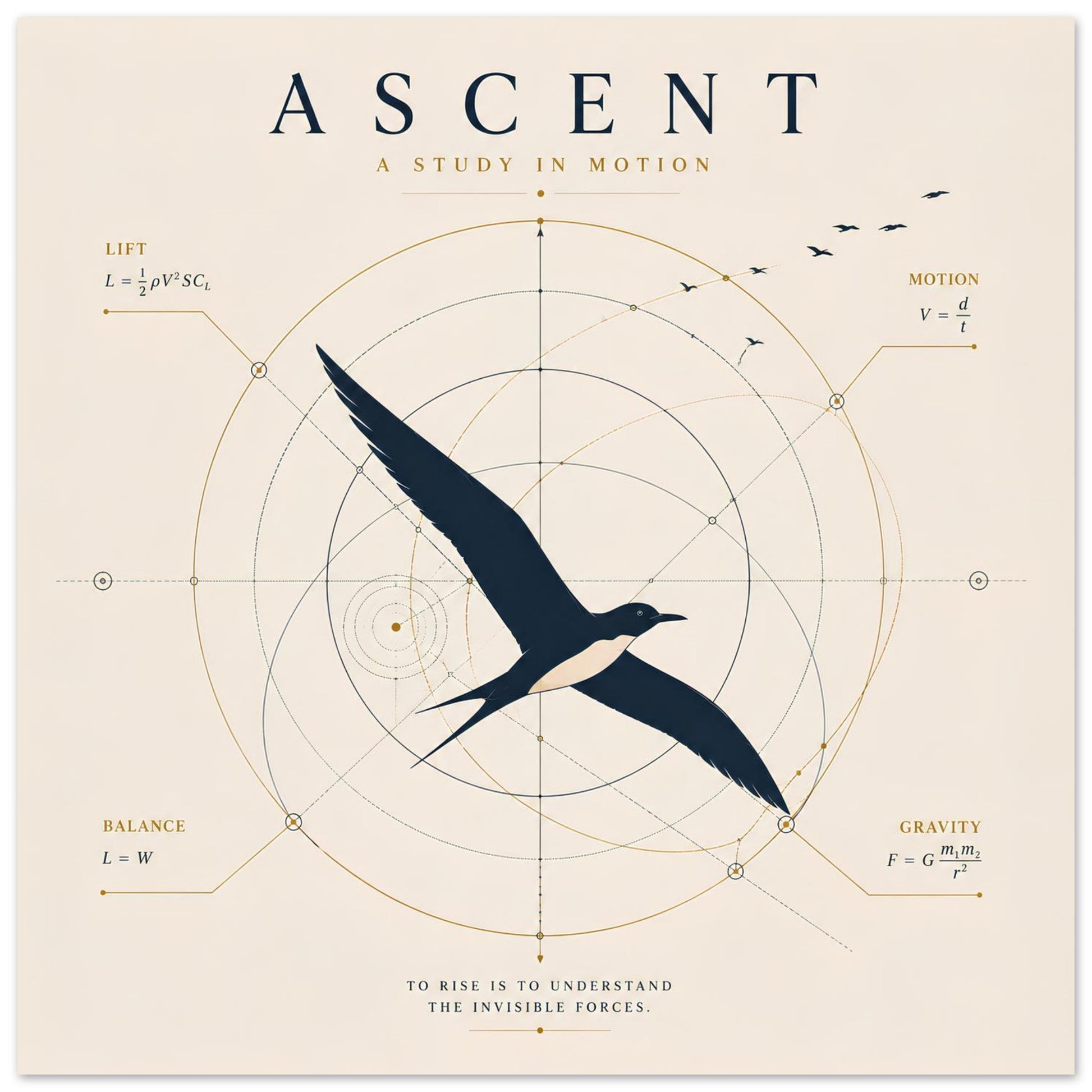 Modern bird wall art with geometric scientific line work on a warm ivory background, inspired by the science of flight.