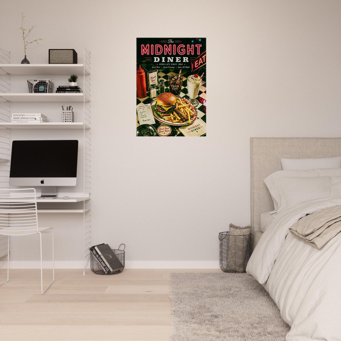 Poster of 'Midnight Diner' in a bedroom with a bed and desk.
