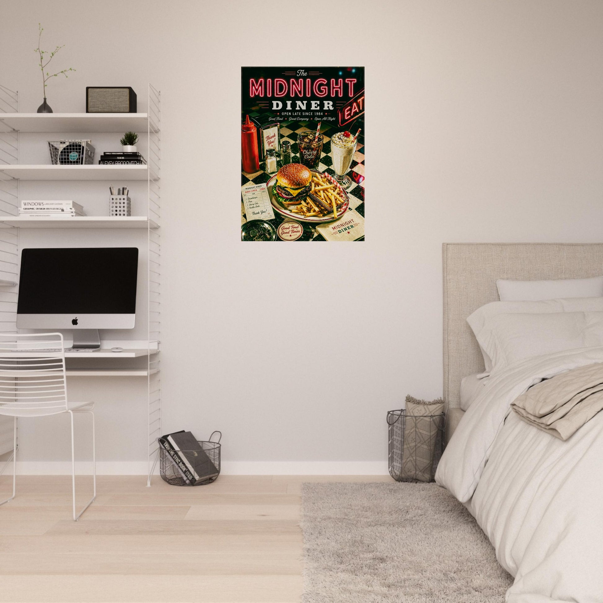 Poster of 'Midnight Diner' in a bedroom with a bed and desk.