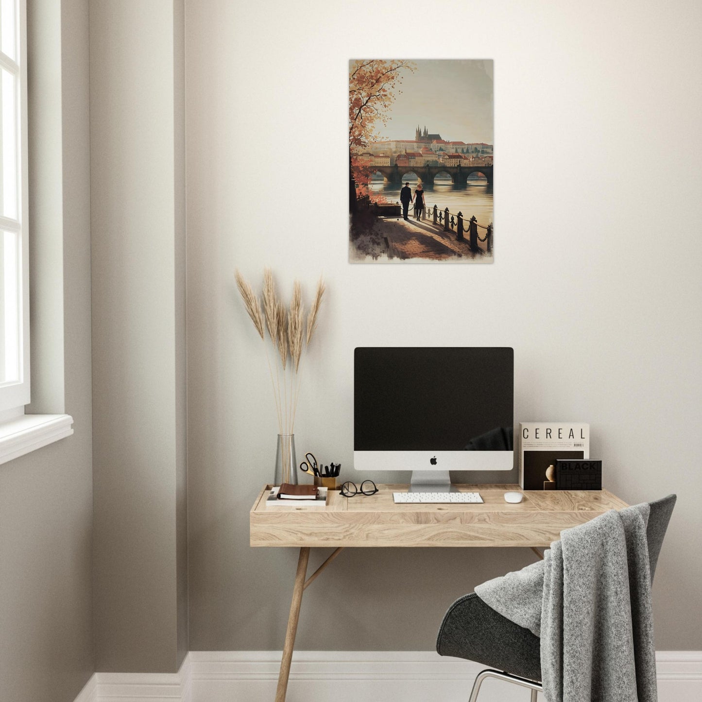 Romantic Prague poster with Charles Bridge and castle skyline at sunset