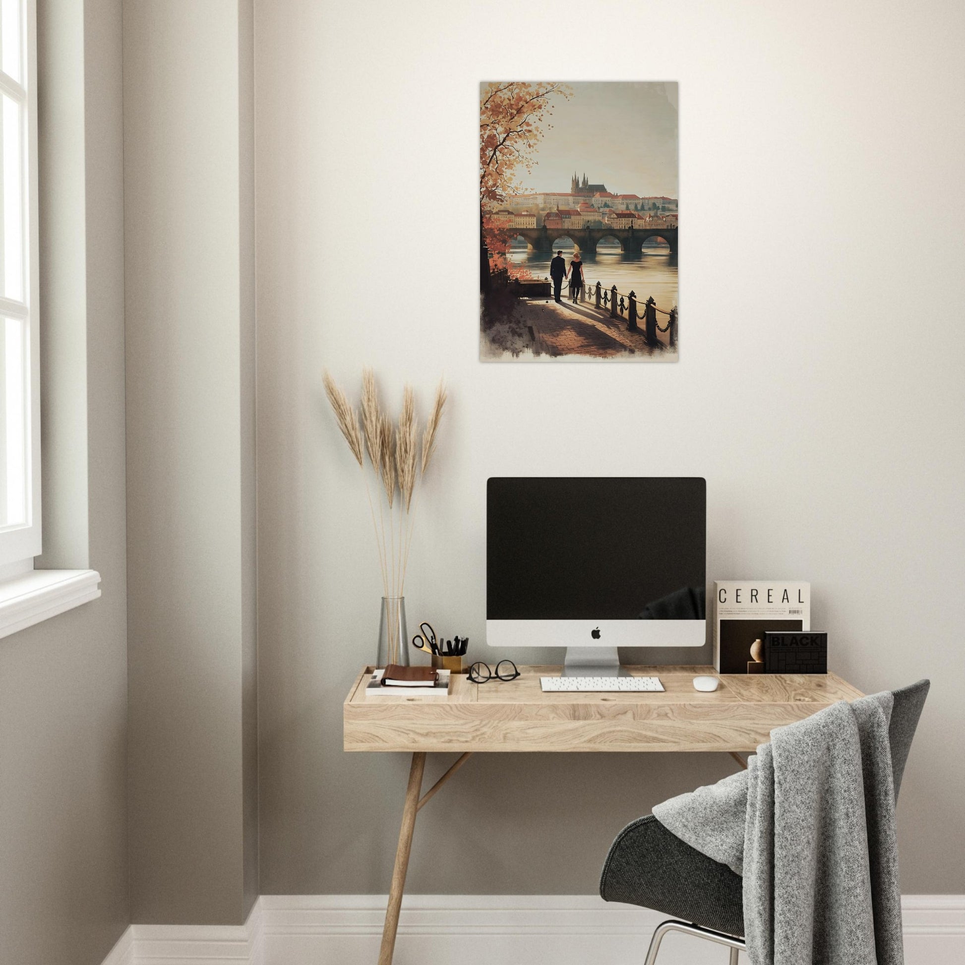 Romantic Prague poster with Charles Bridge and castle skyline at sunset