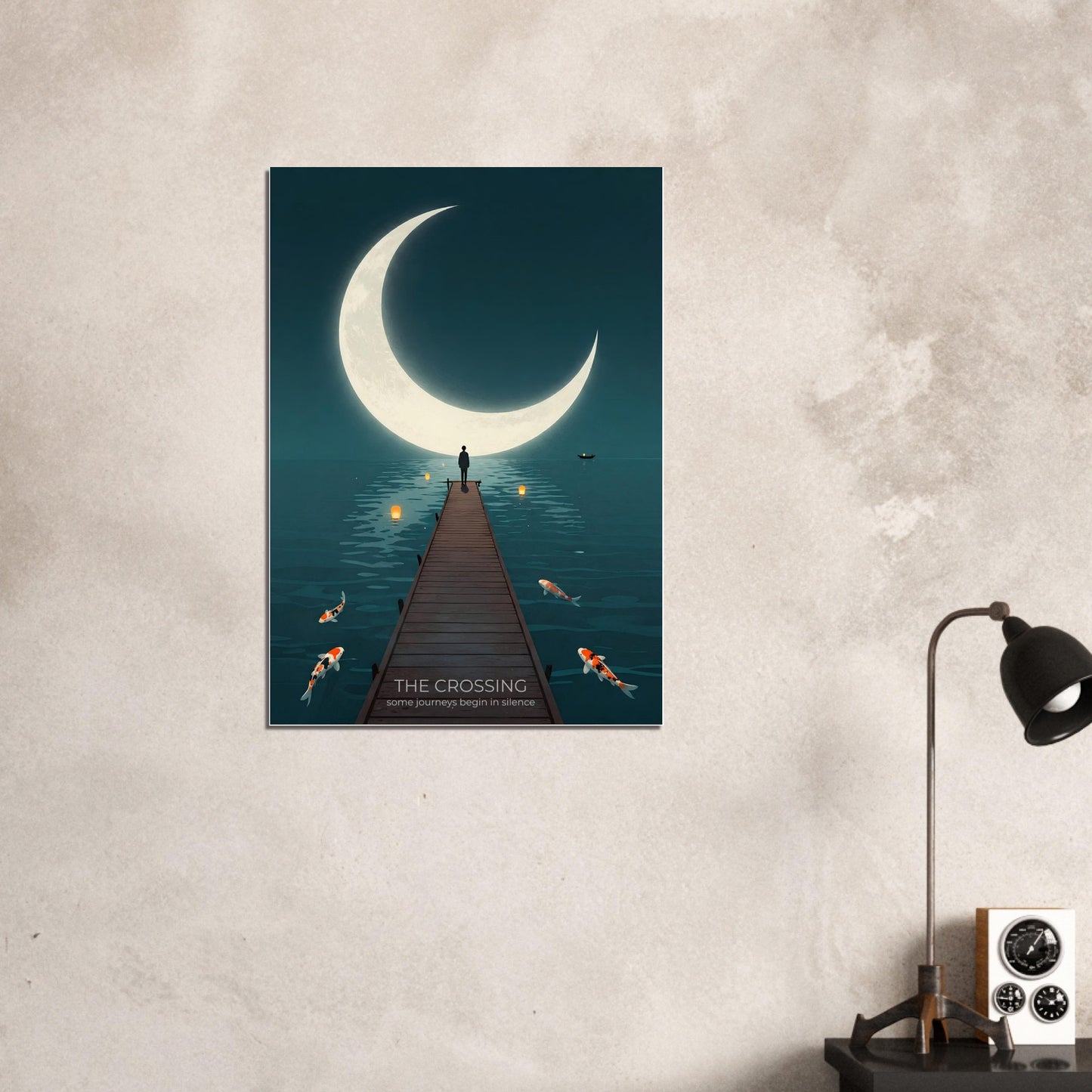 Dreamlike moon wall art displayed on a textured wall, featuring a wooden pier, floating lanterns and tranquil teal waters.