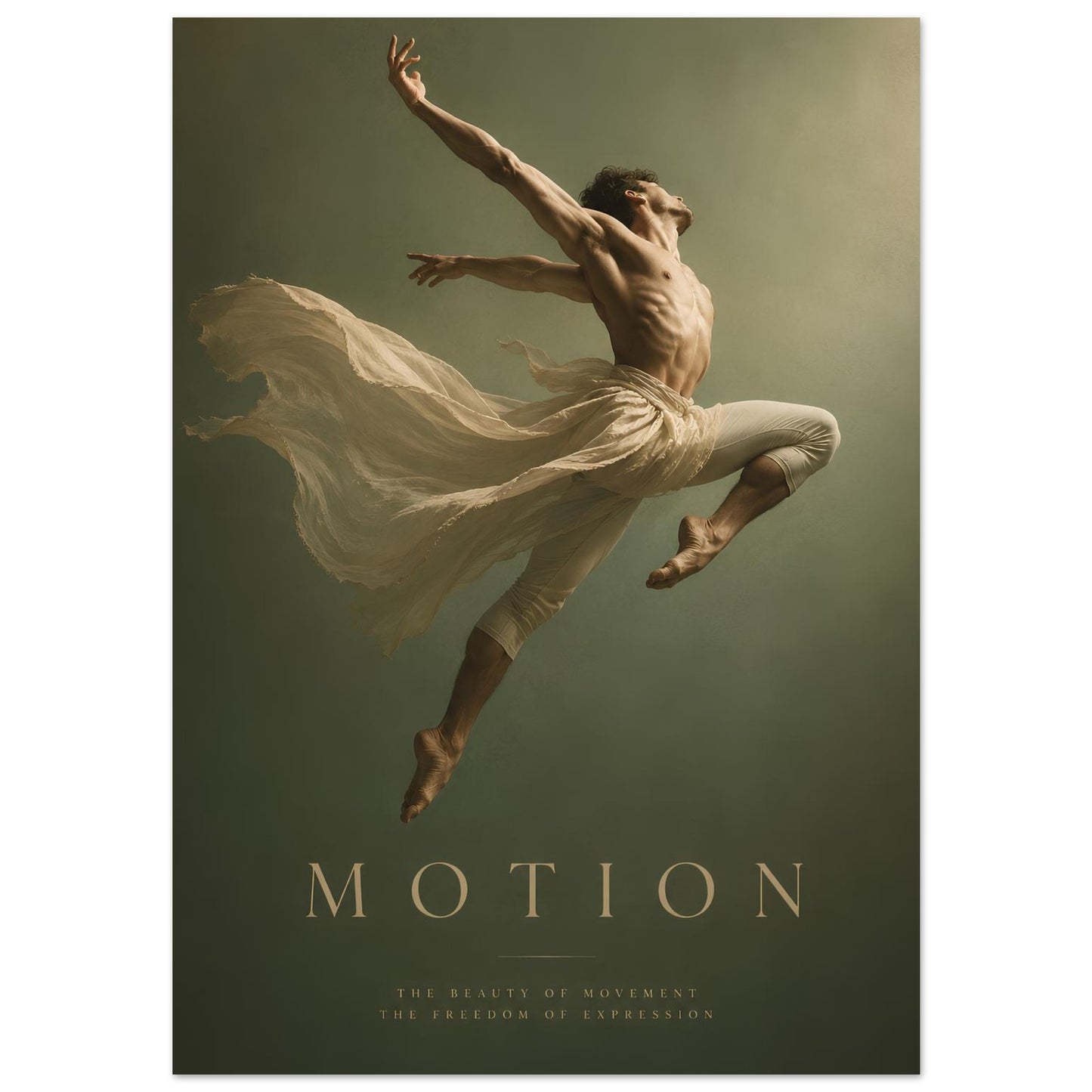 Motion contemporary dancer poster displayed in a modern interior, featuring a male dancer suspended mid-air against a soft sage green background.