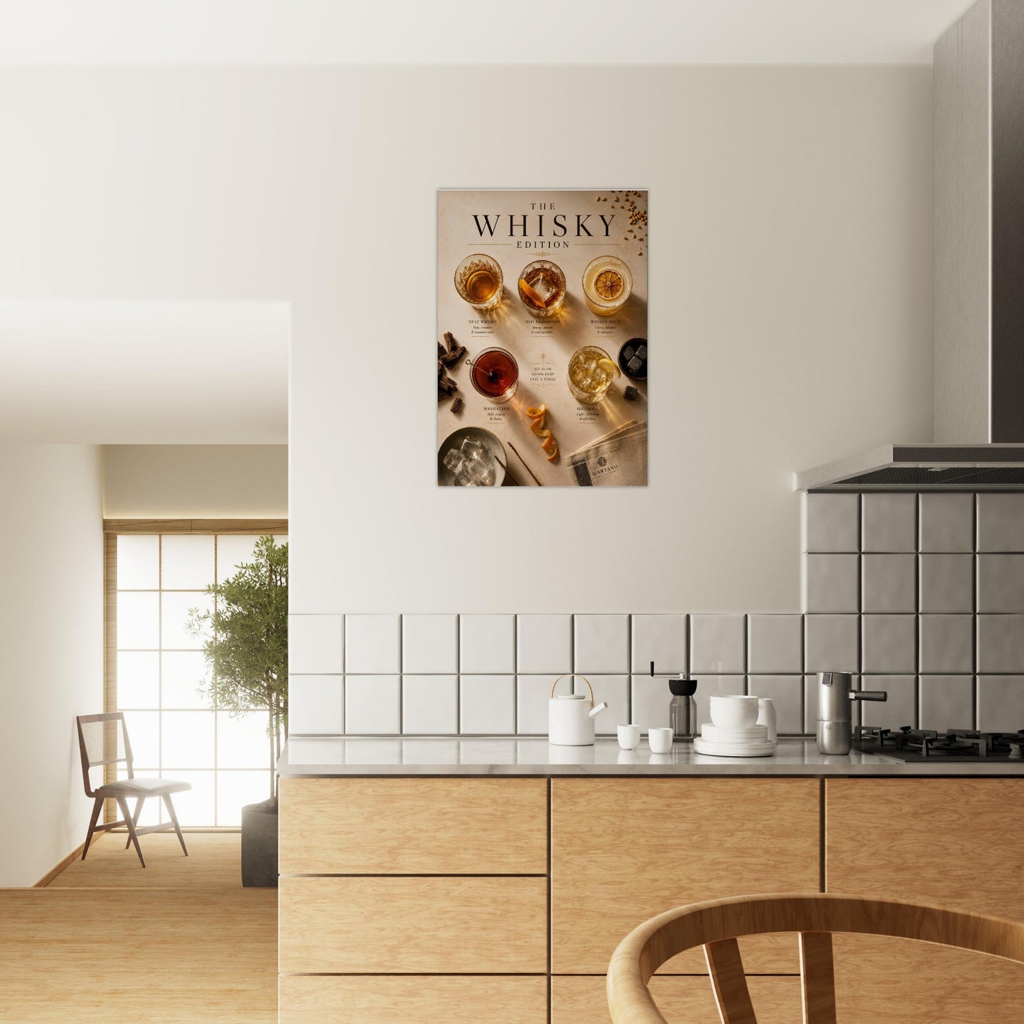 Modern kitchen with wooden cabinets and a decorative whisky-themed poster on the wall.