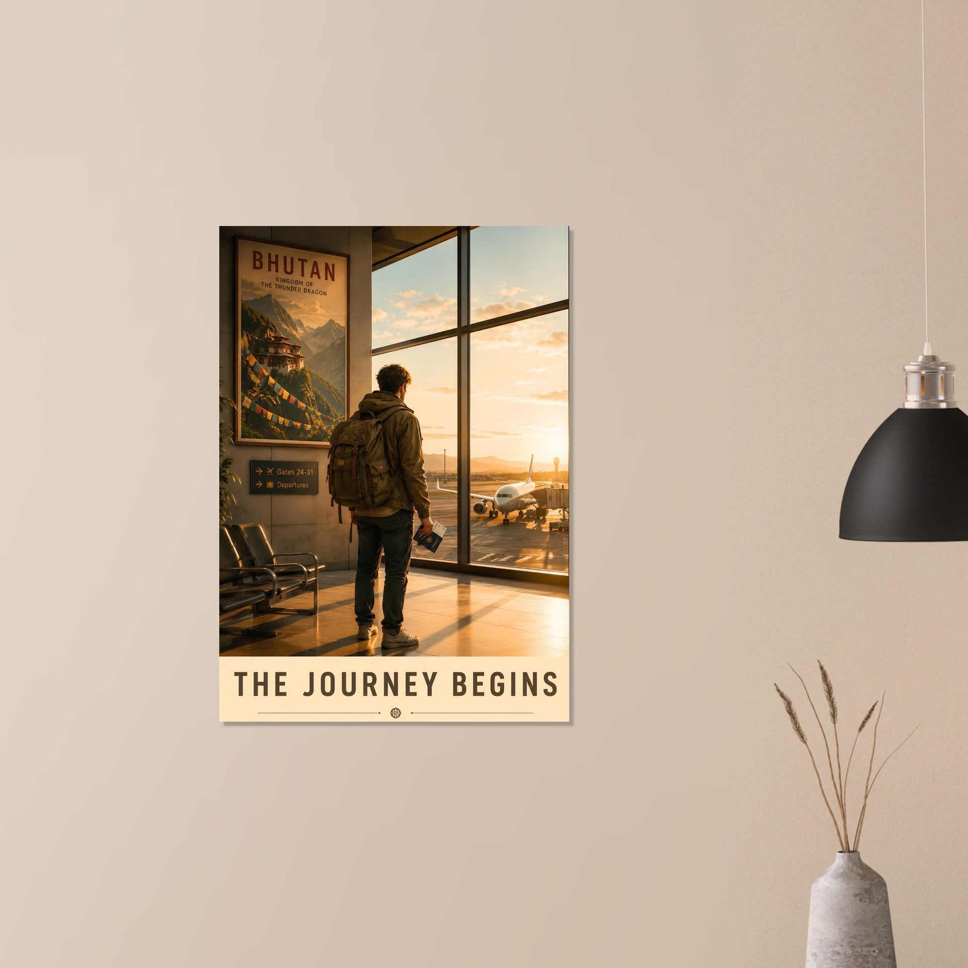 The Journey Begins contemporary travel wall art featuring a backpacker at an airport sunrise displayed in a modern interior.