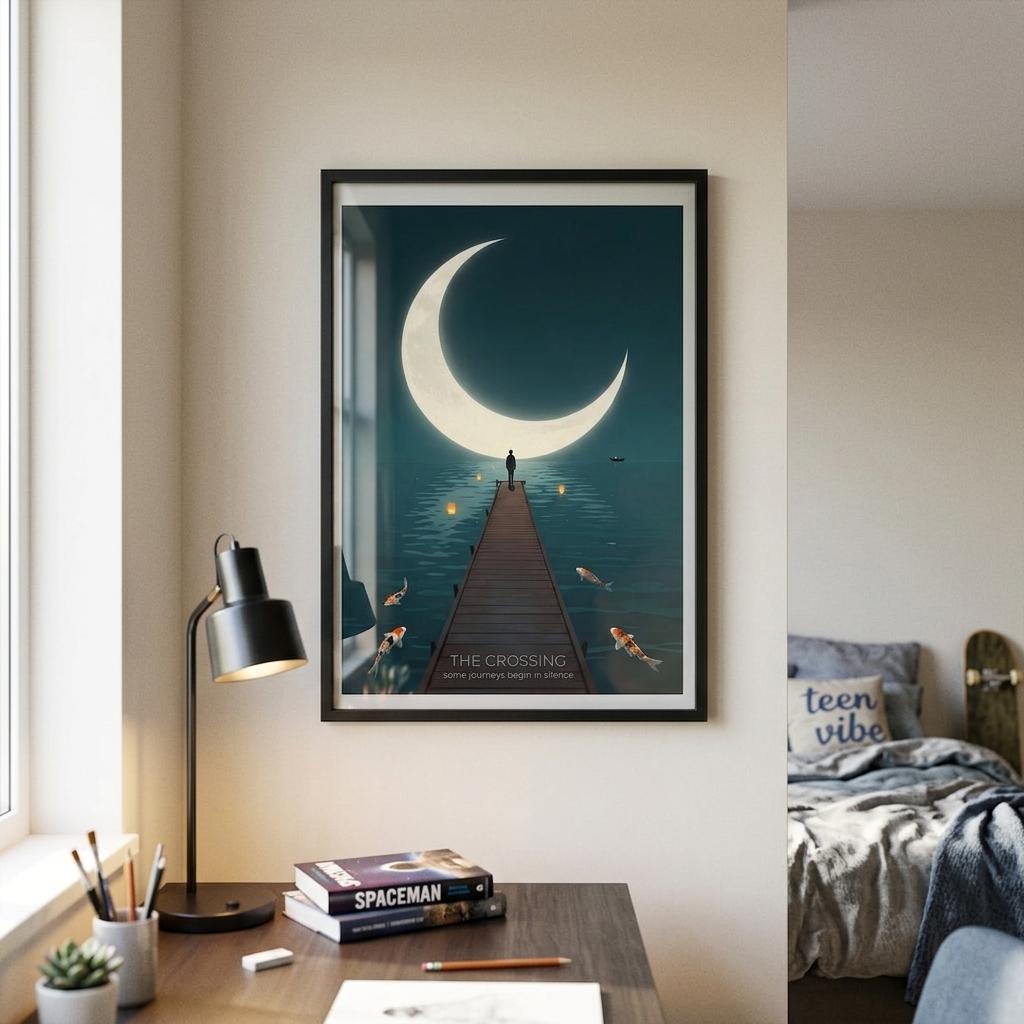 Moon wall art featuring a giant crescent moon above calm teal waters, displayed in a modern bedroom with warm neutral décor.