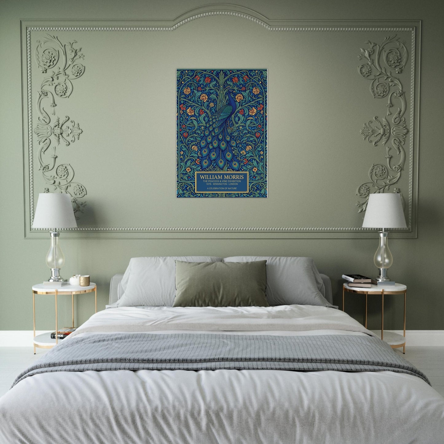 Vintage William Morris exhibition poster of a blue peacock with a long, detailed tail, surrounded by intricate green vines and orange flowers on a dark teal background. Cream-colored text at the bottom reads William Morris The Peacock and Vine Exhibition.