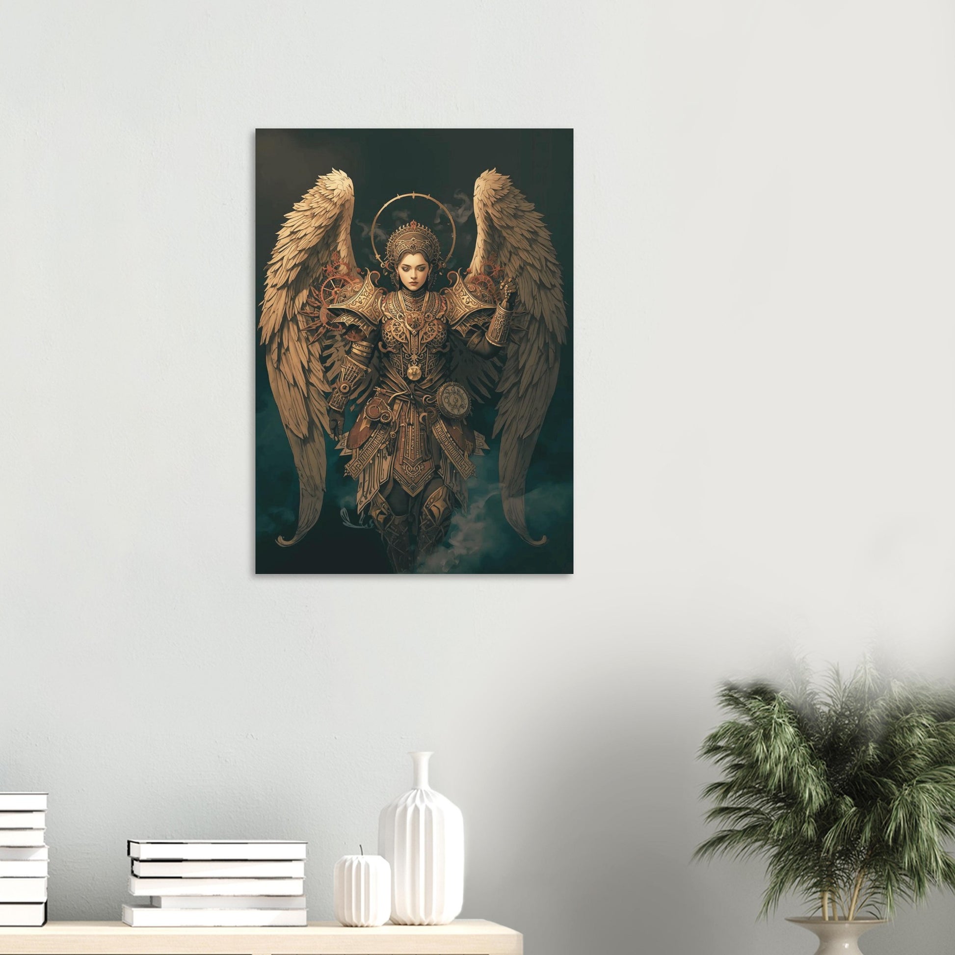 Decorative angel artwork on a wall with books and a plant below.