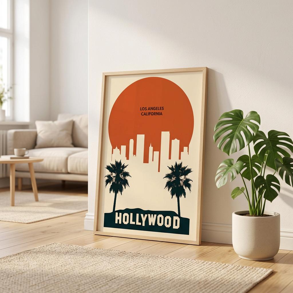 Framed poster of Los Angeles with palm trees and 'Hollywood' text in a living room.