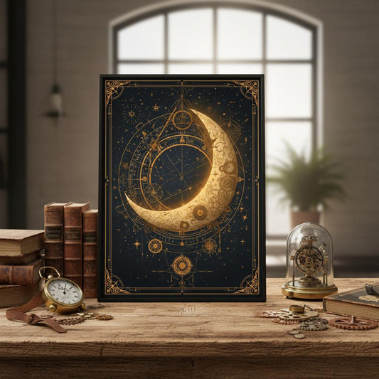 Decorative poster with celestial design on a wooden table with books and a clock.