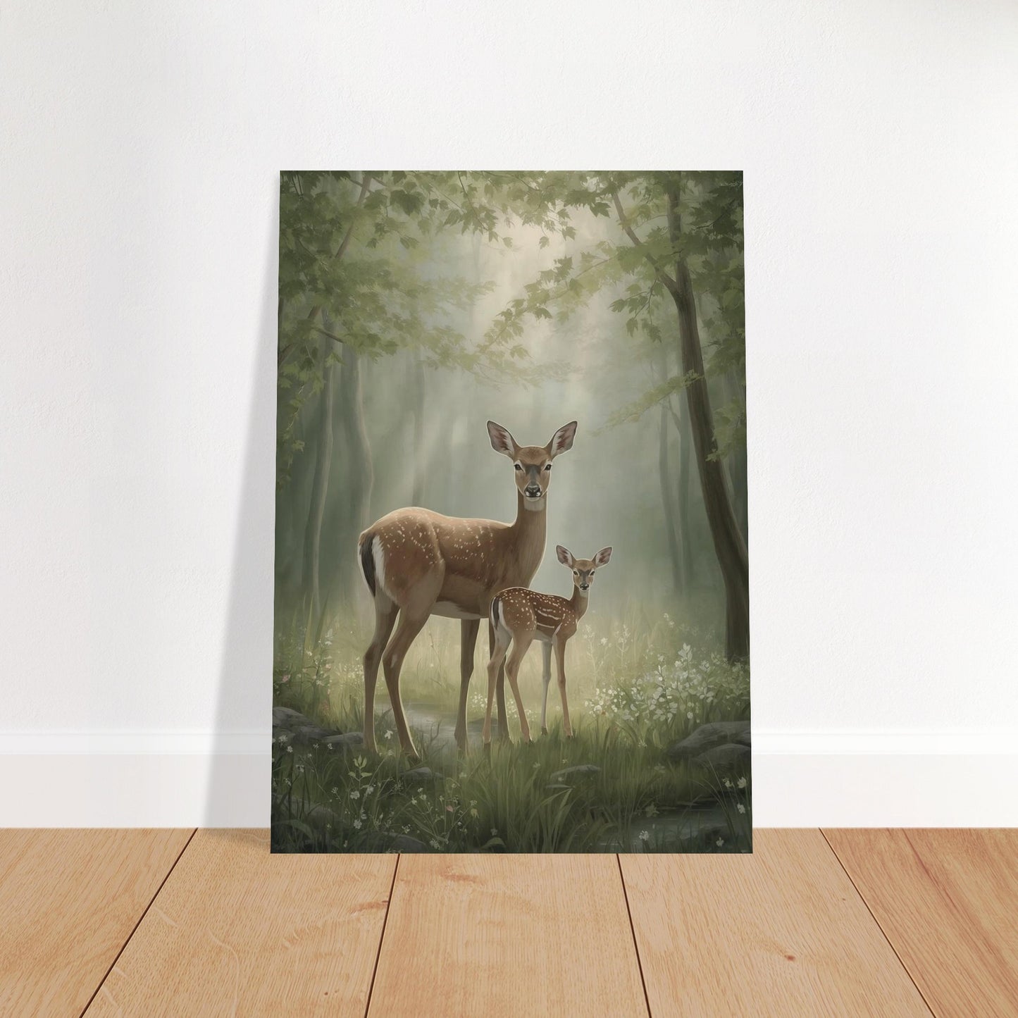 Framed artwork of two deer in a forest setting on a white wall.