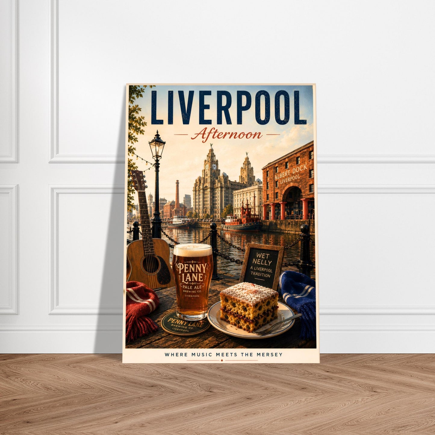Liverpool Afternoon travel print displayed on a wooden floor against a white panelled wall, celebrating the character of Albert Dock and the spirit of the Mersey.