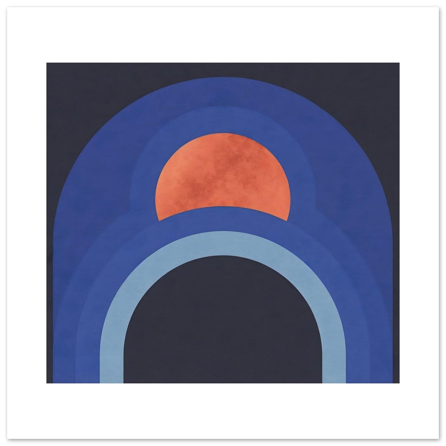 Close-up of modern abstract arch wall art with warm terracotta sun detail